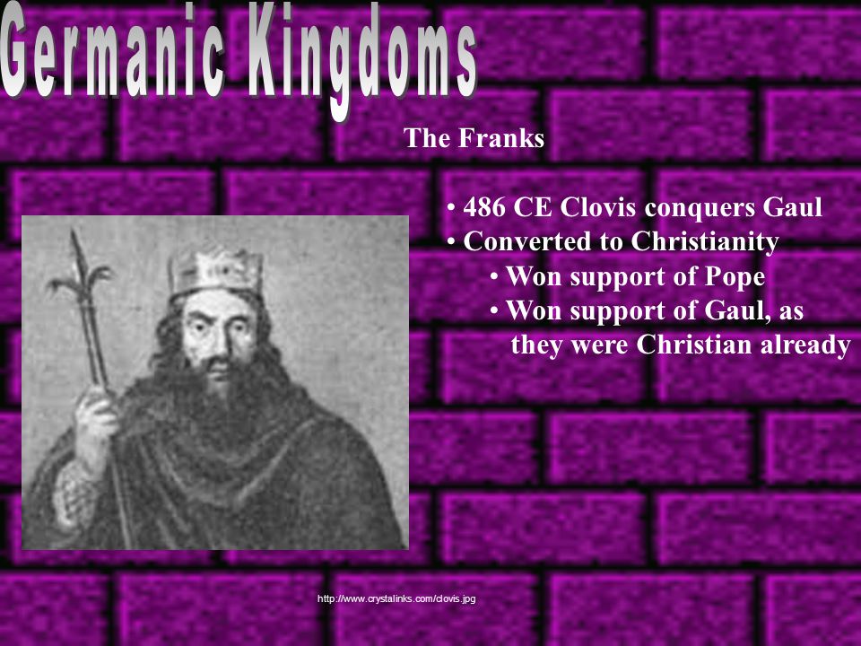 Germanic Kingdoms The Franks 486 CE Clovis conquers Gaul
