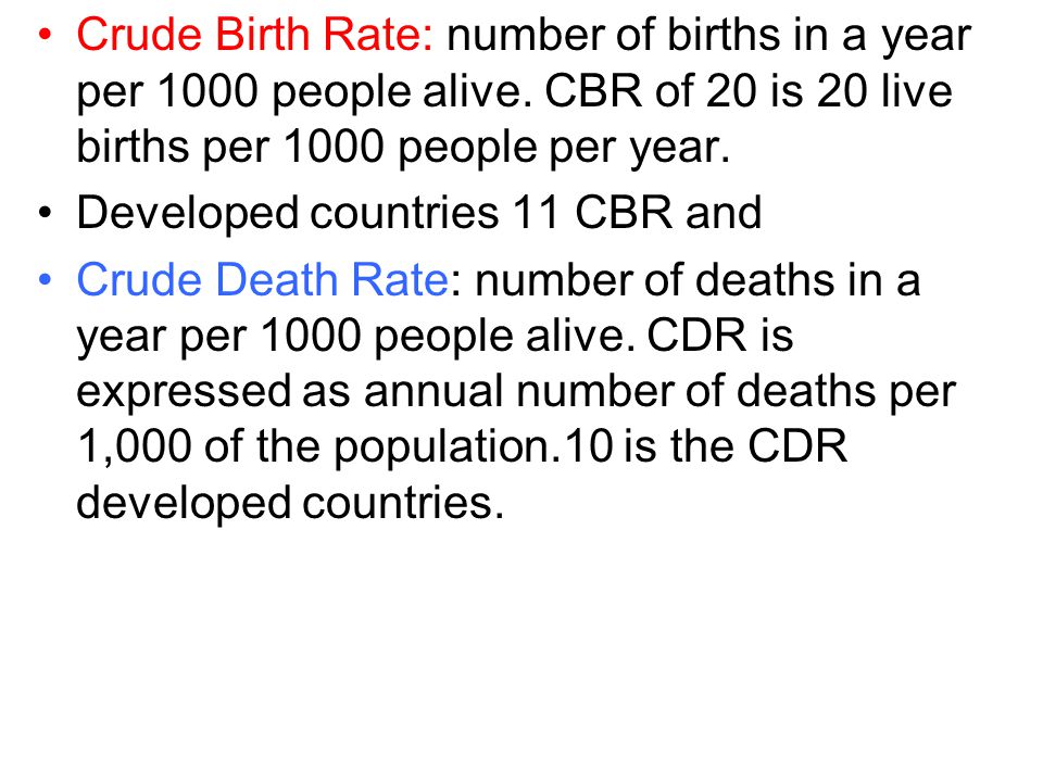 Crude Birth Rate: number of births in a year per 1000 people alive
