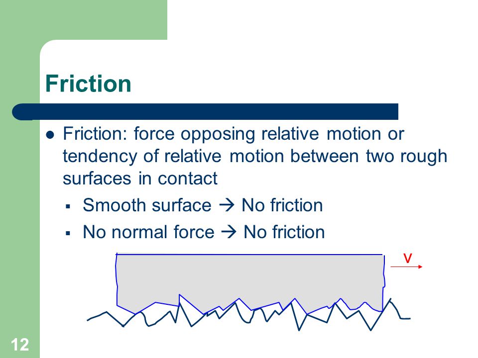 Friction Friction: force opposing relative motion or tendency of relative motion between two rough surfaces in contact.