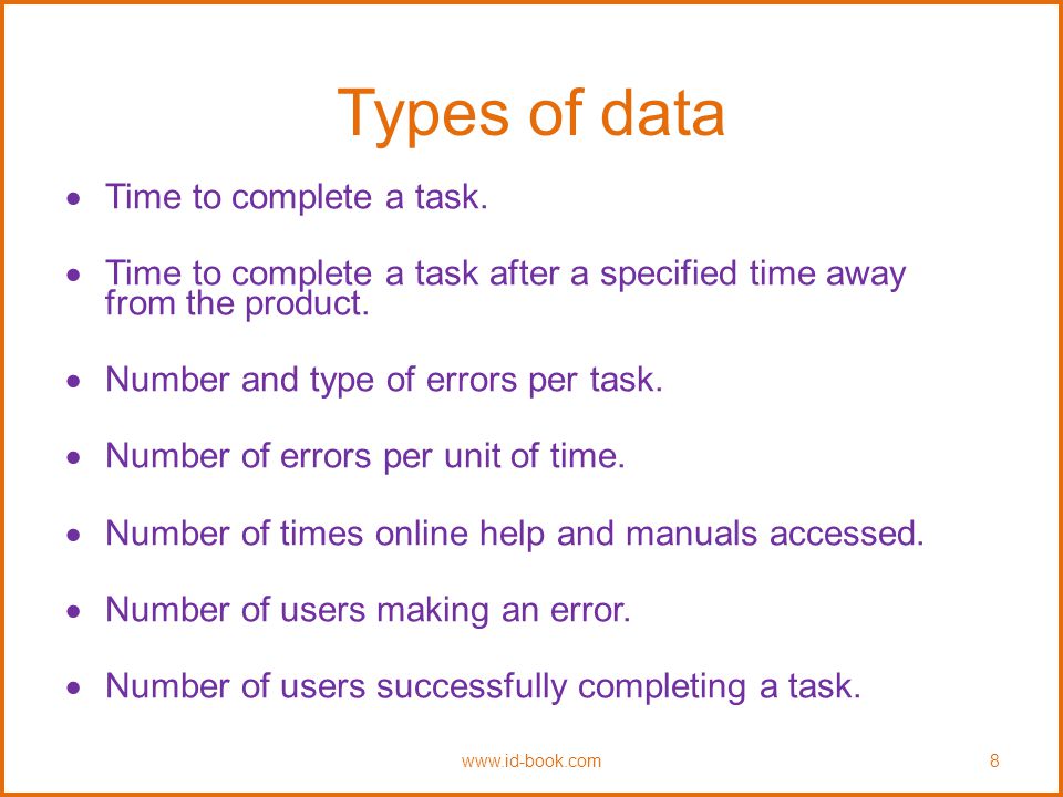 Types of data Time to complete a task.