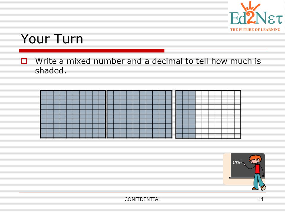 Your Turn Write a mixed number and a decimal to tell how much is shaded. CONFIDENTIAL
