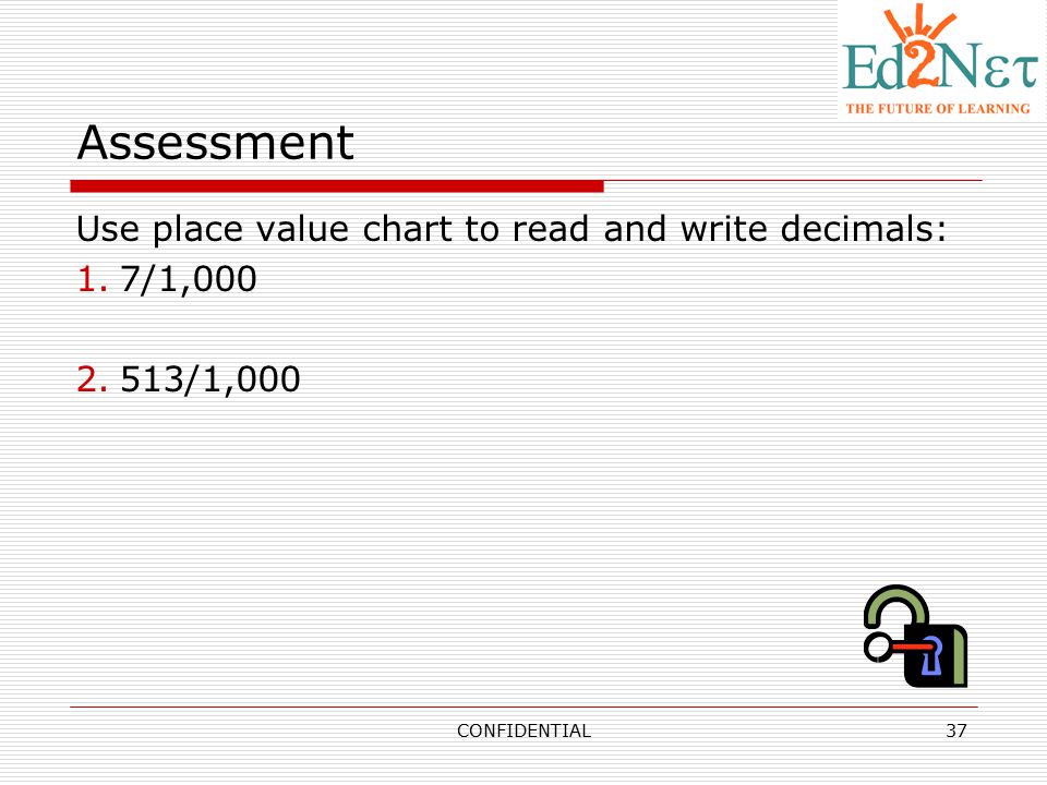 Assessment Use place value chart to read and write decimals: 7/1,000