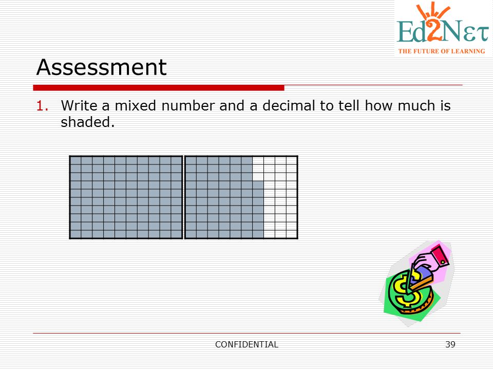 Assessment Write a mixed number and a decimal to tell how much is shaded. CONFIDENTIAL