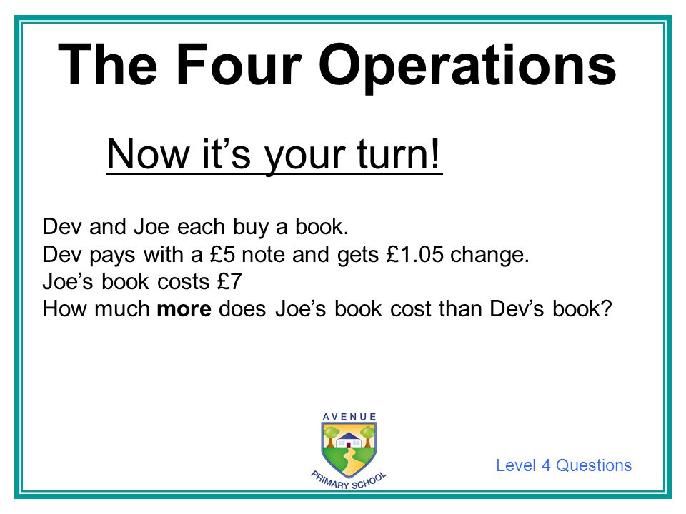 The Four Operations Now it’s your turn! Dev and Joe each buy a book.