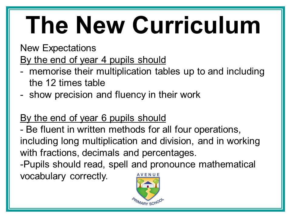 The New Curriculum New Expectations By the end of year 4 pupils should