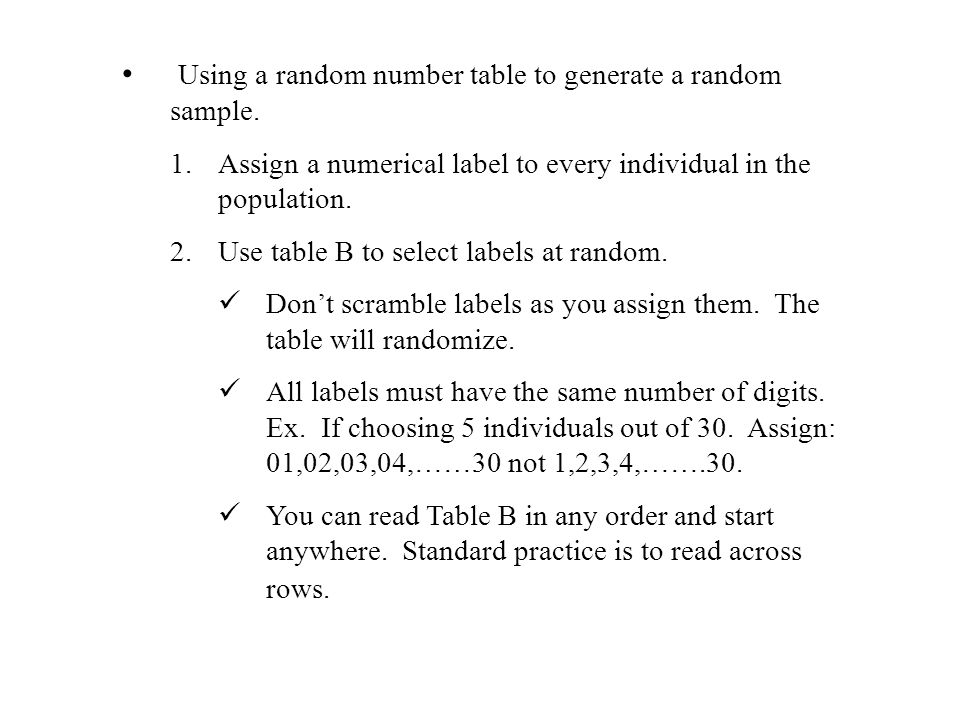 Using a random number table to generate a random sample.