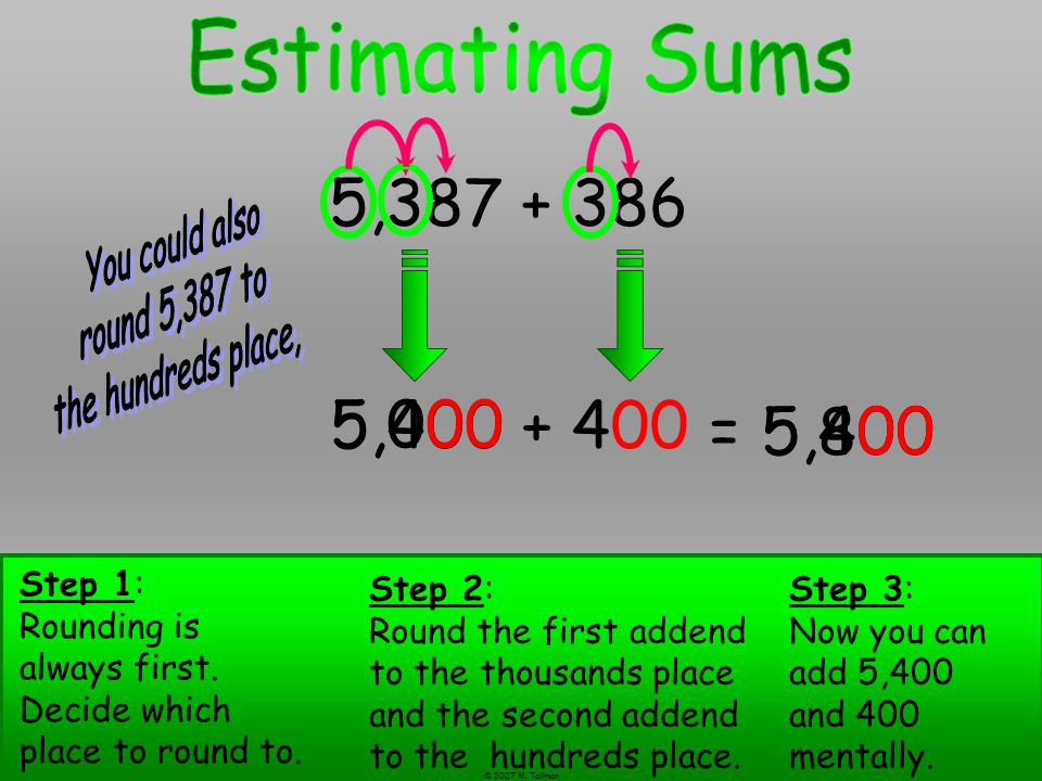 Estimating Sums 5, You could also. round 5,387 to. the hundreds place, 5,000. 5,400.