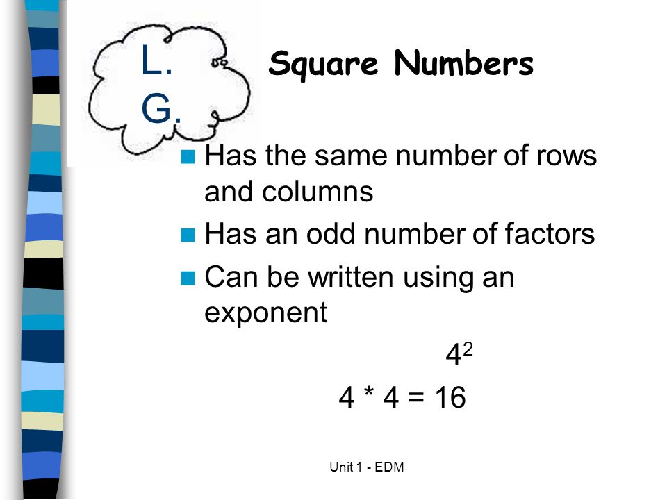 L.G. Square Numbers Has the same number of rows and columns