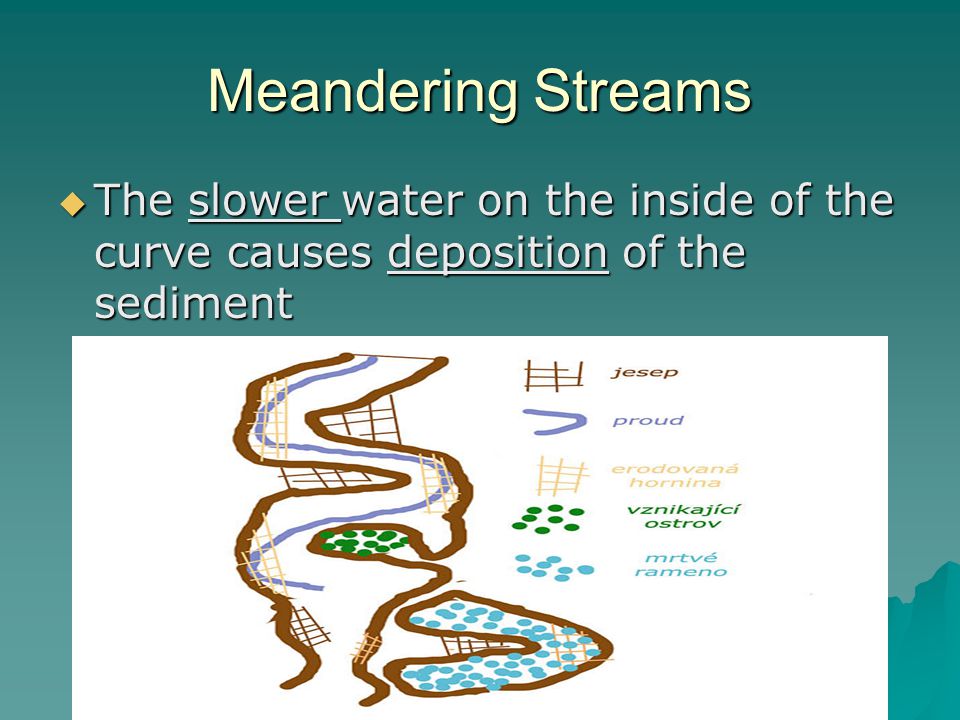 Meandering Streams The slower water on the inside of the curve causes deposition of the sediment
