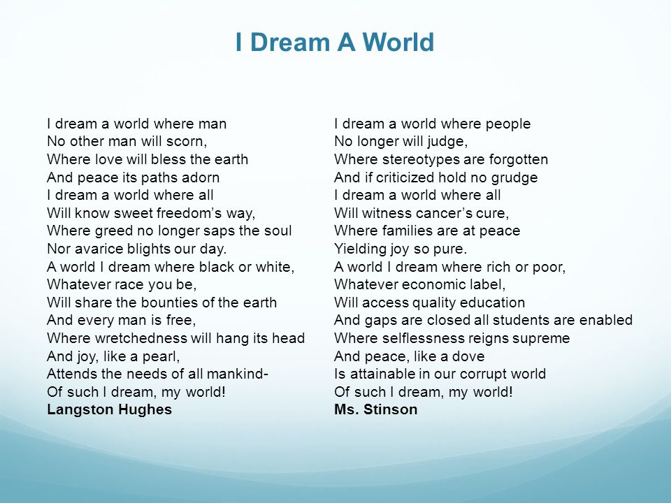 Imitation Poem “I Dream A World” by Langston Hughes - ppt ...