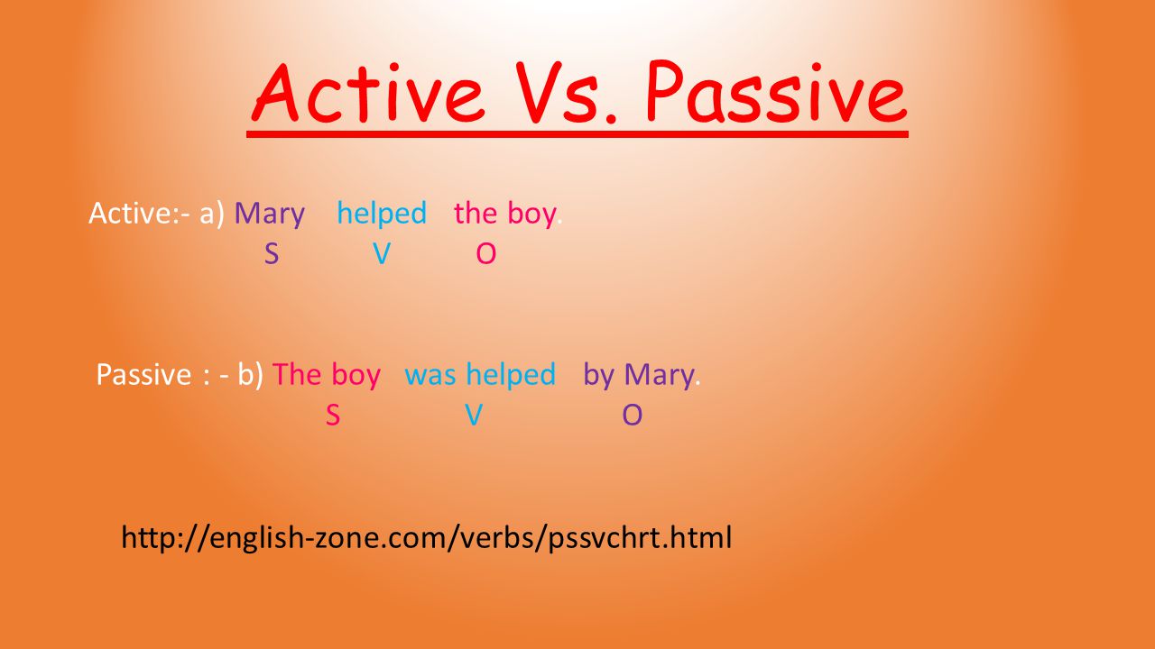Active Vs. Passive Active:- a) Mary helped the boy. S V O