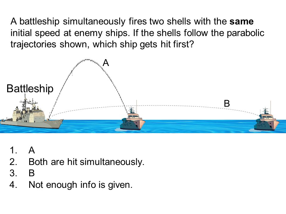 A battleship simultaneously fires two shells with the same initial speed at enemy ships. If the shells follow the parabolic trajectories shown, which ship gets hit first