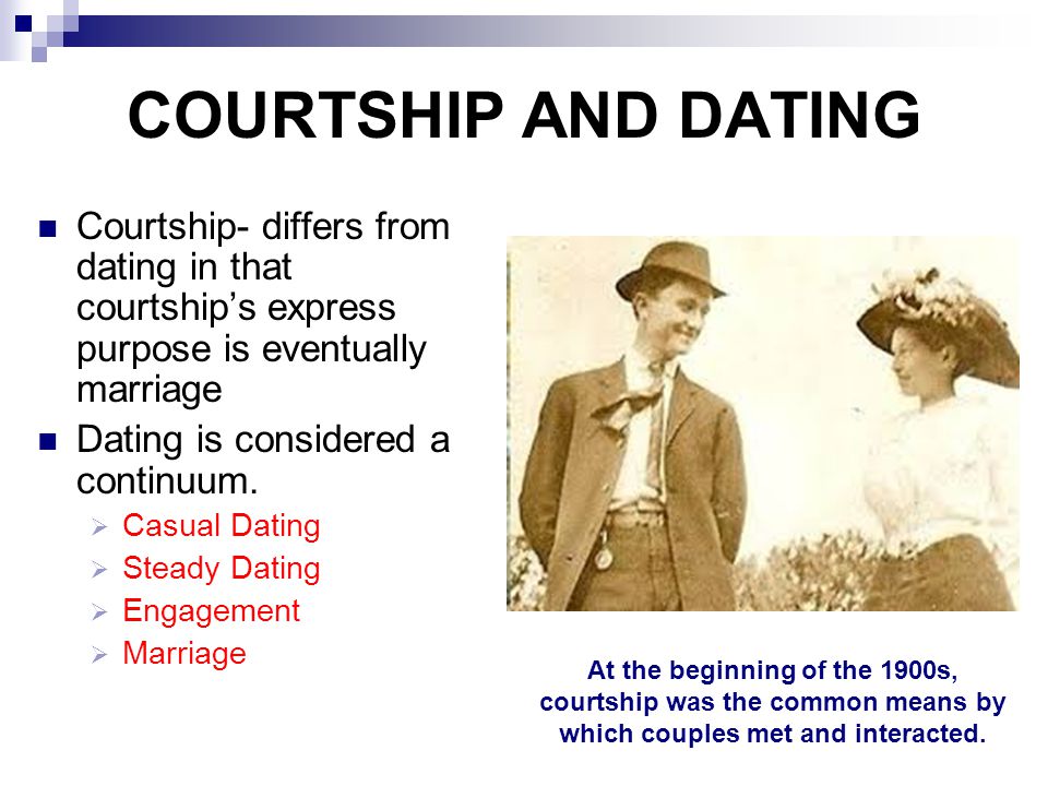 COURTSHIP AND DATING Courtship- differs from dating in that courtship’s express purpose is eventually marriage.