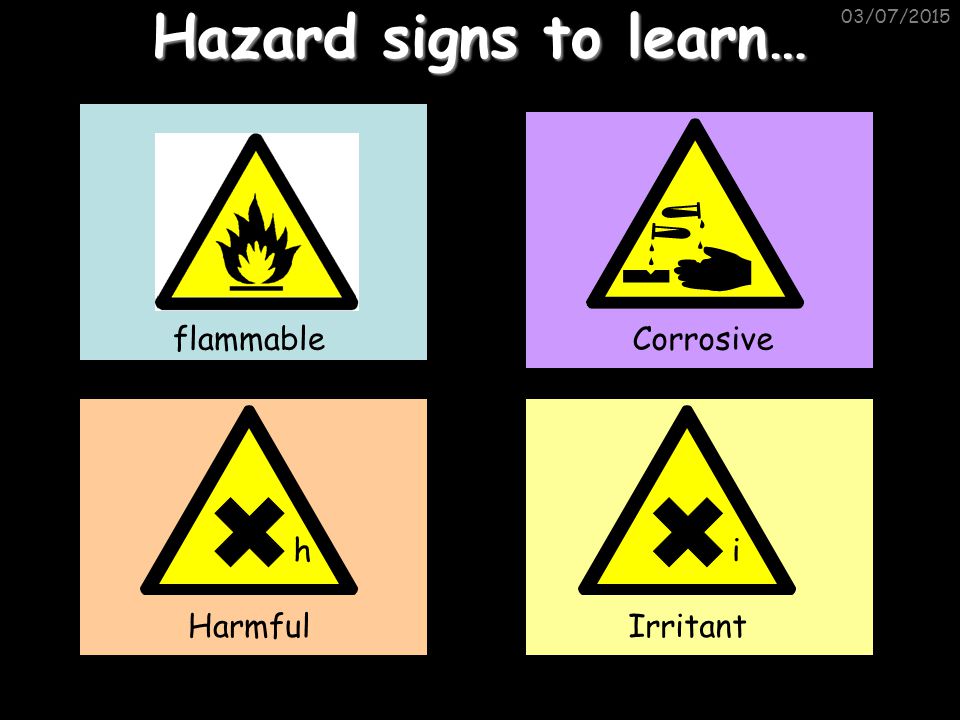 Hazard signs to learn… flammable Corrosive h i Harmful Irritant