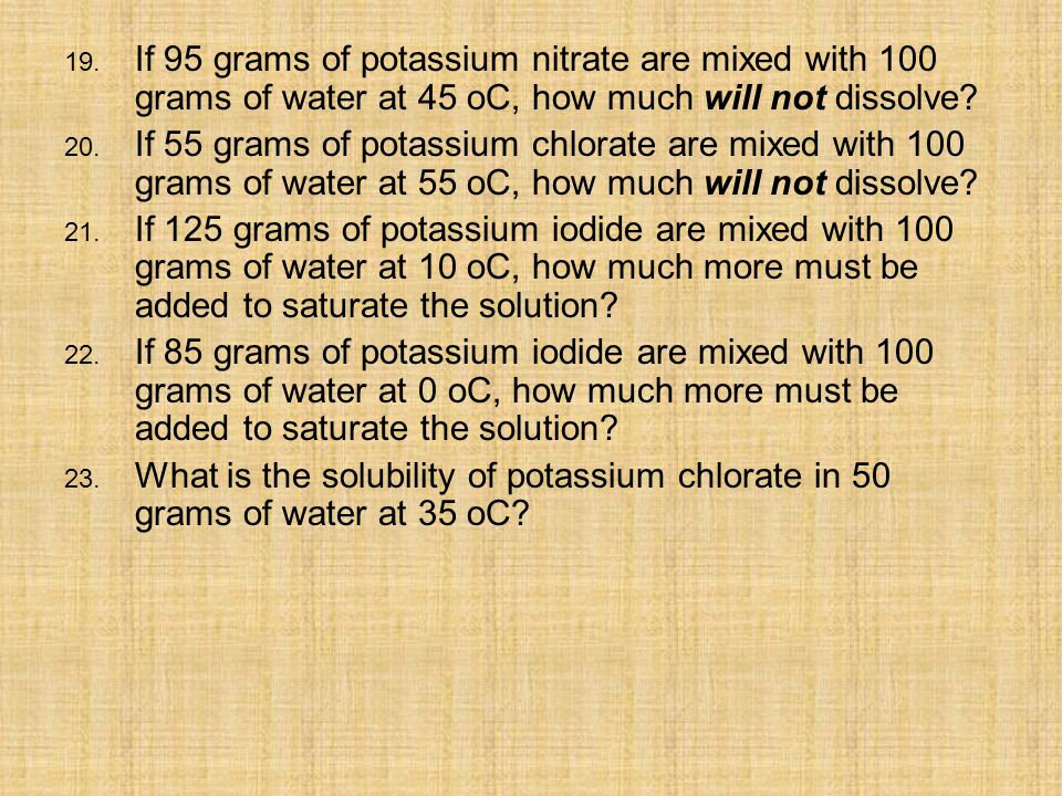 If 95 grams of potassium nitrate are mixed with 100 grams of water at 45 oC, how much will not dissolve
