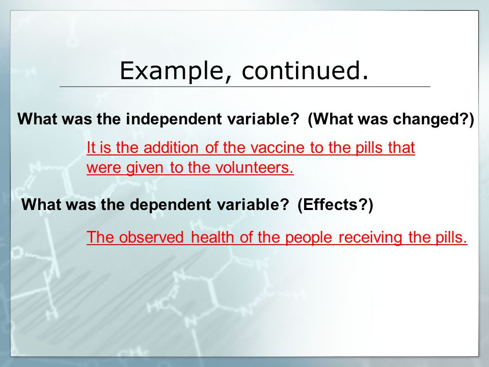 Example, continued. What was the independent variable (What was changed )
