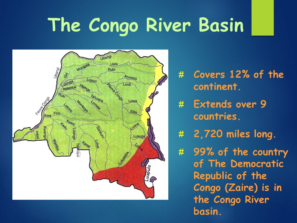 The Congo River Basin Covers 12% of the continent.