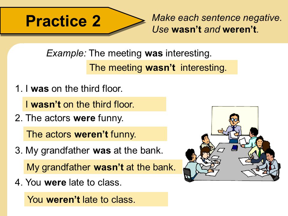 Practice 2 Make each sentence negative. Use wasn’t and weren’t.