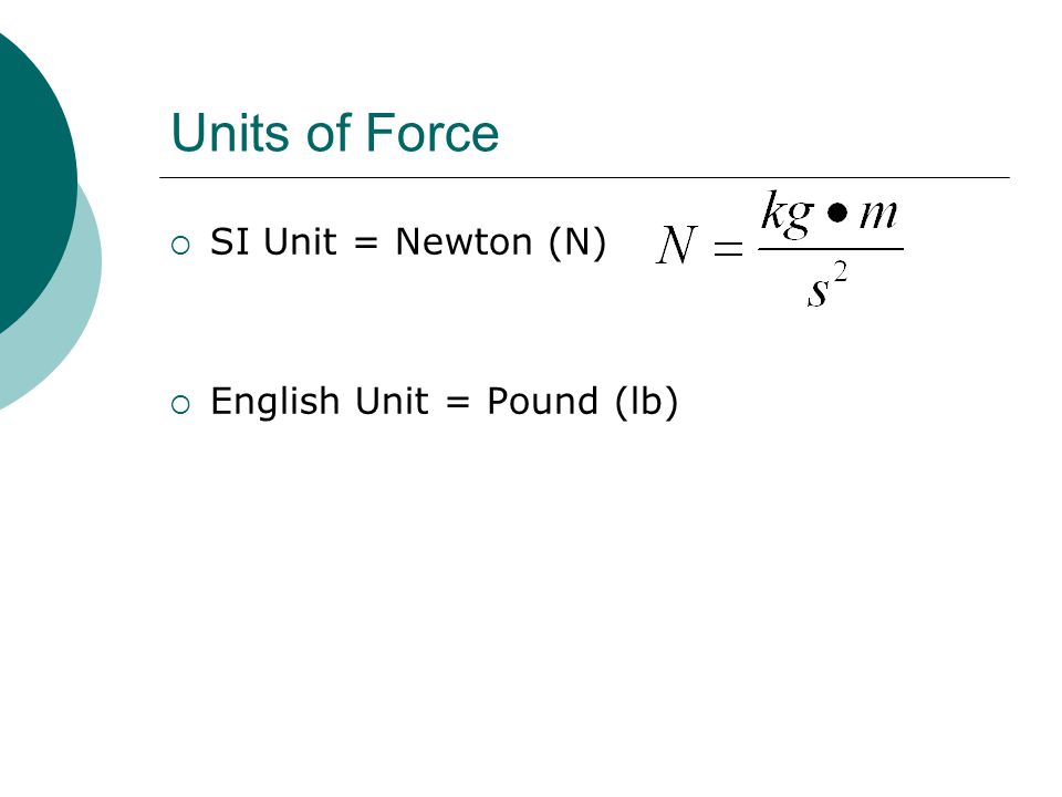 Units of Force SI Unit = Newton (N) English Unit = Pound (lb)