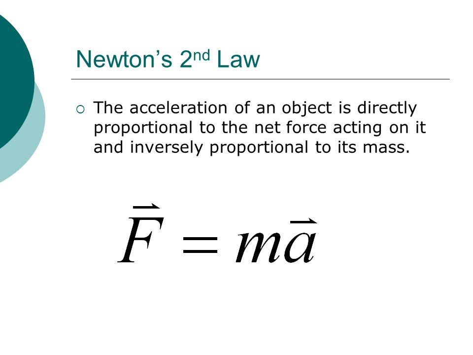Newton’s 2nd Law The acceleration of an object is directly proportional to the net force acting on it and inversely proportional to its mass.