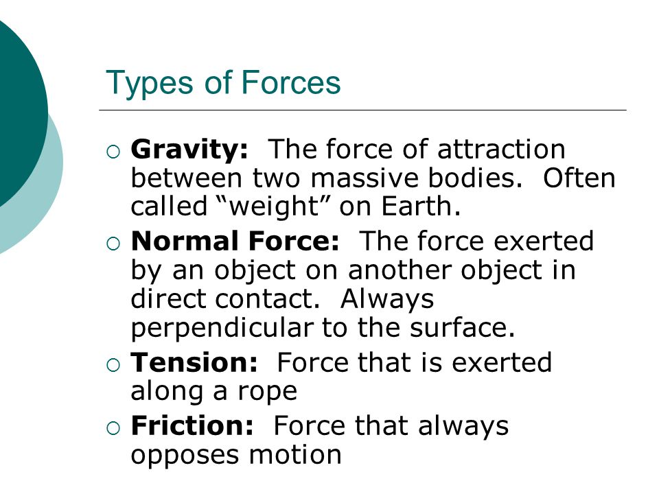 Types of Forces Gravity: The force of attraction between two massive bodies. Often called weight on Earth.