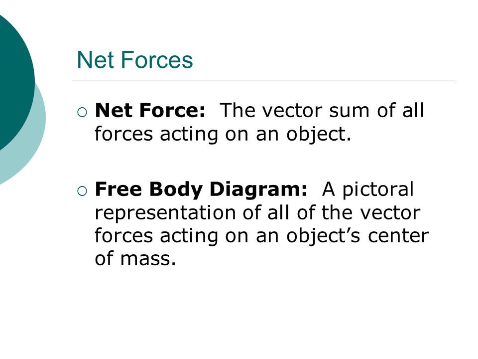 Net Forces Net Force: The vector sum of all forces acting on an object.