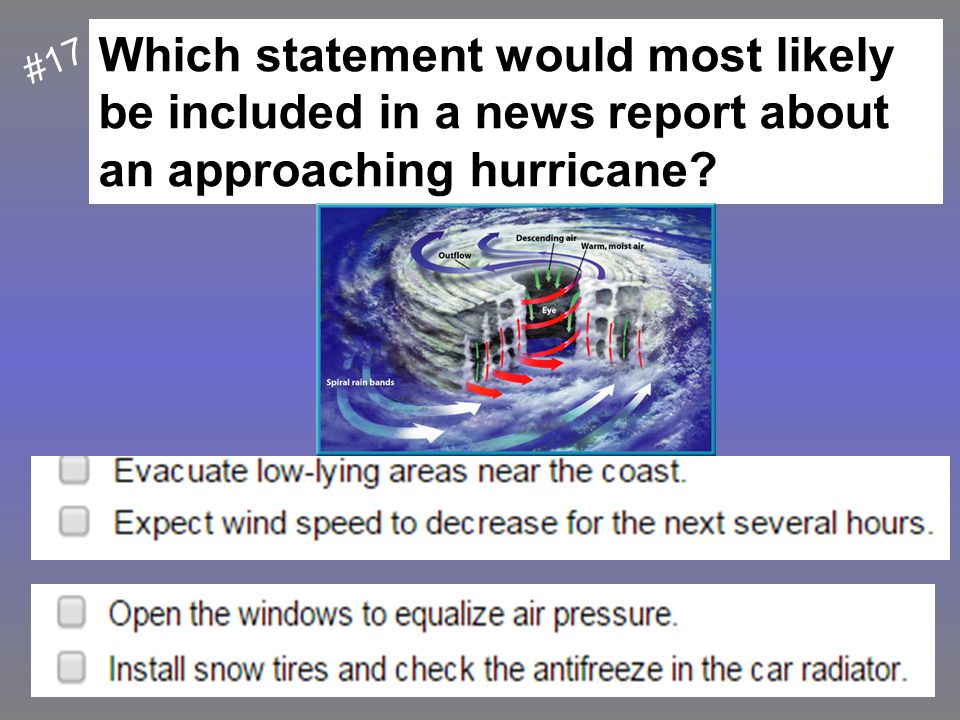 Which statement would most likely be included in a news report about an approaching hurricane