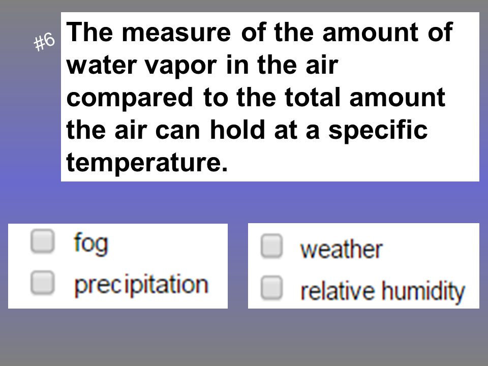 The measure of the amount of water vapor in the air compared to the total amount the air can hold at a specific temperature.