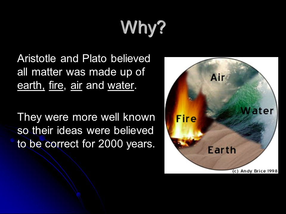 Why Aristotle and Plato believed all matter was made up of earth, fire, air and water.