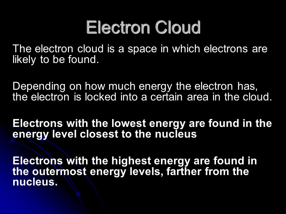 Electron Cloud The electron cloud is a space in which electrons are likely to be found.