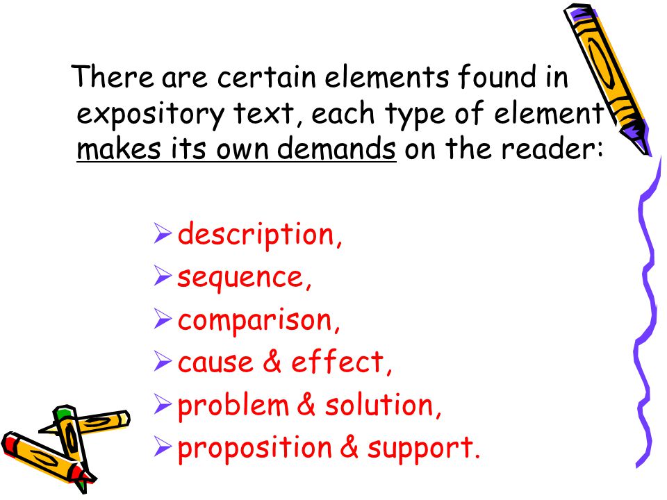 There are certain elements found in expository text, each type of element makes its own demands on the reader: