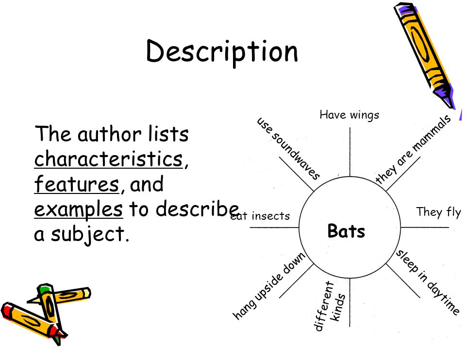 Description The author lists characteristics, features, and examples to describe a subject. Have wings.