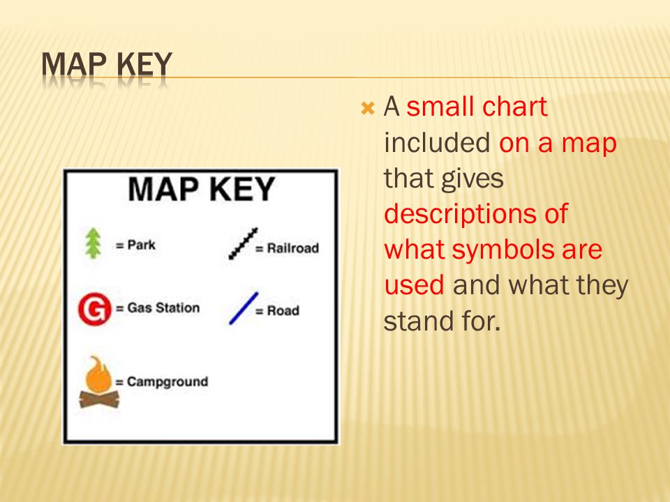 Map Key A small chart included on a map that gives descriptions of what symbols are used and what they stand for.