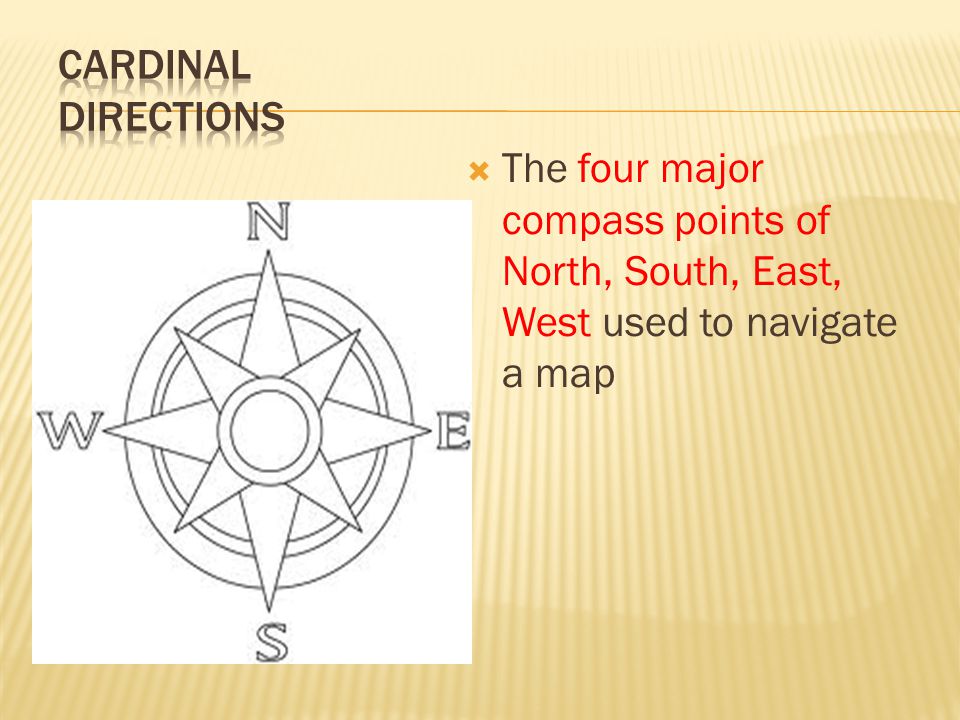 Cardinal Directions The four major compass points of North, South, East, West used to navigate a map.