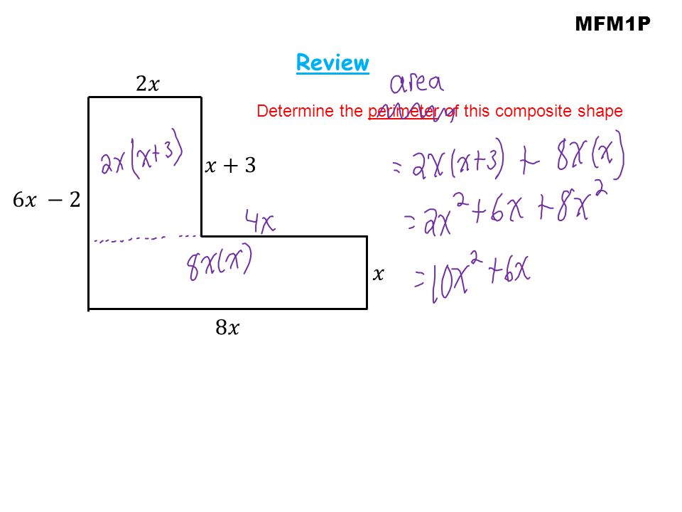 MFM1P Review 2𝑥 Determine the perimeter of this composite shape 𝑥+3 6𝑥 −2 𝑥 8𝑥