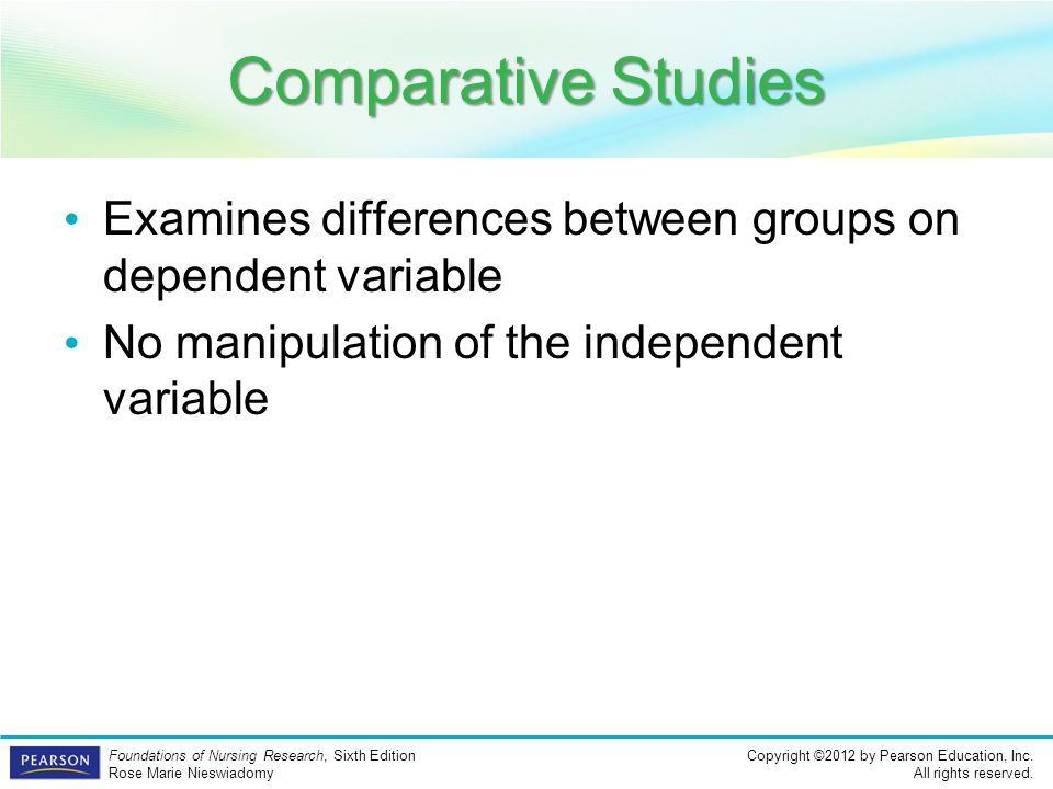 Comparative Studies Examines differences between groups on dependent variable.