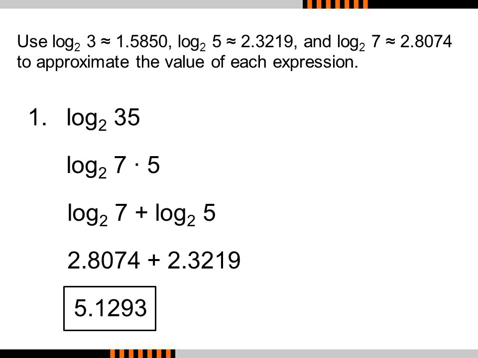 Use log2 3 ≈ , log2 5 ≈ , and log2 7 ≈ to approximate the value of each expression.