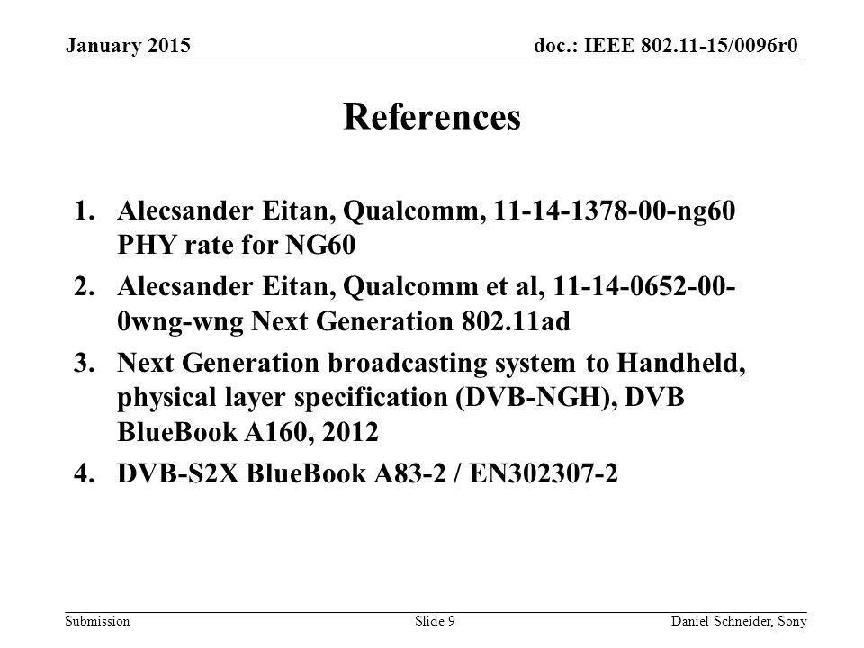 January 2015 References. Alecsander Eitan, Qualcomm, ng60 PHY rate for NG60.