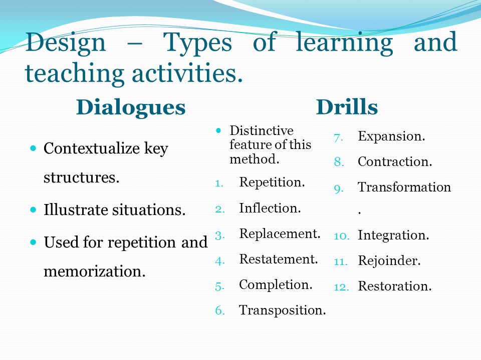Design – Types of learning and teaching activities.