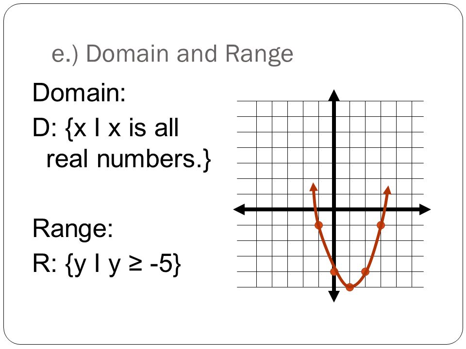 e.) Domain and Range Domain: D: {x I x is all real numbers.} Range: R: {y I y ≥ -5}