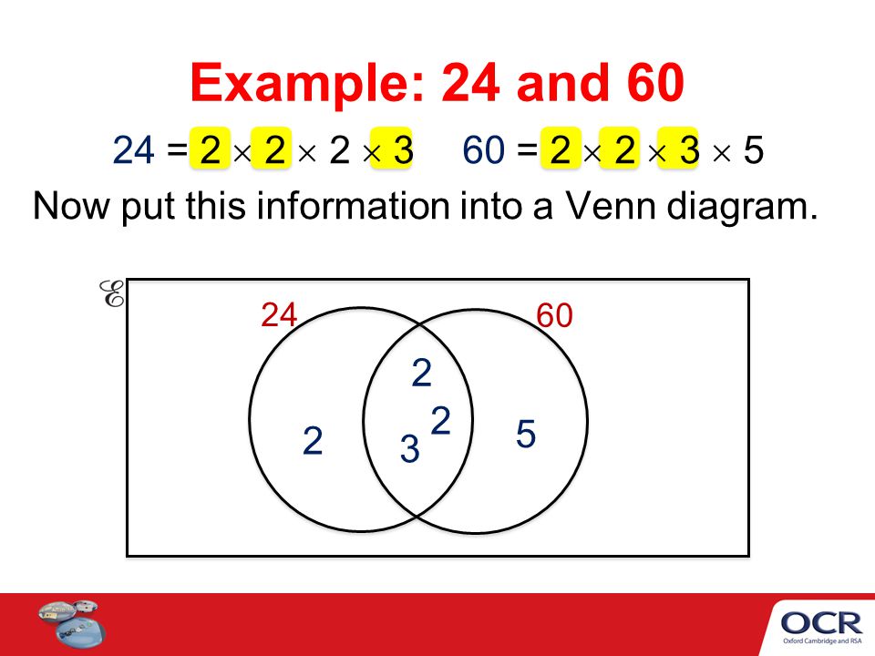 Example: 24 and = 2  2  2  3 60 = 2  2  3  5 Now put this information into a Venn diagram.