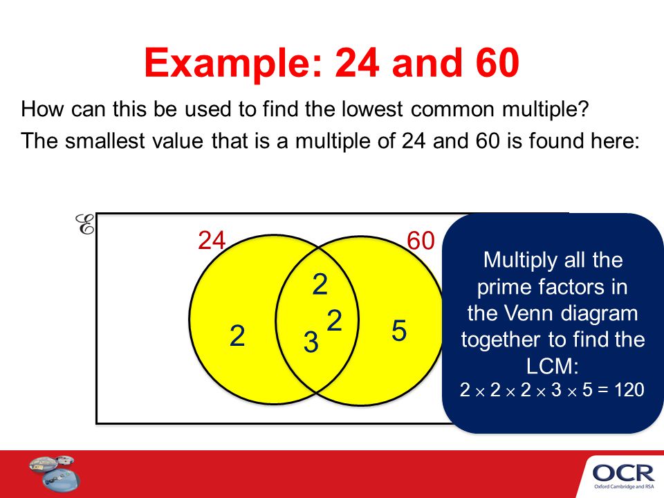 Example: 24 and 60 How can this be used to find the lowest common multiple The smallest value that is a multiple of 24 and 60 is found here: