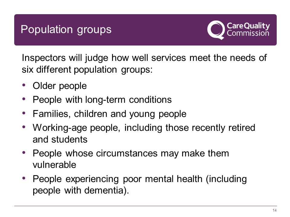 Population groups Inspectors will judge how well services meet the needs of six different population groups: