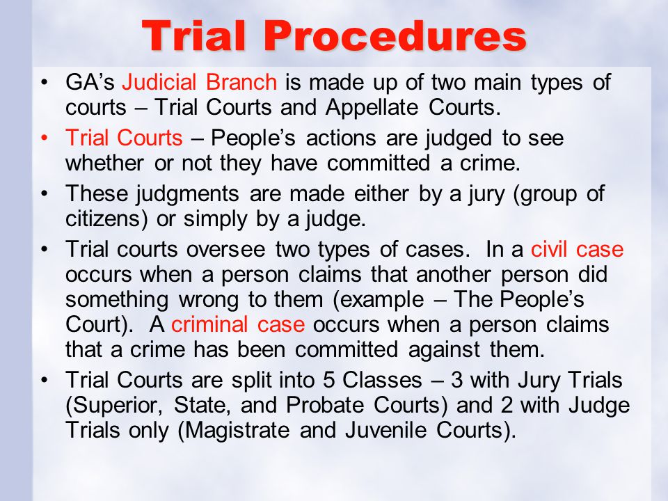 Trial Procedures GA’s Judicial Branch is made up of two main types of courts – Trial Courts and Appellate Courts.