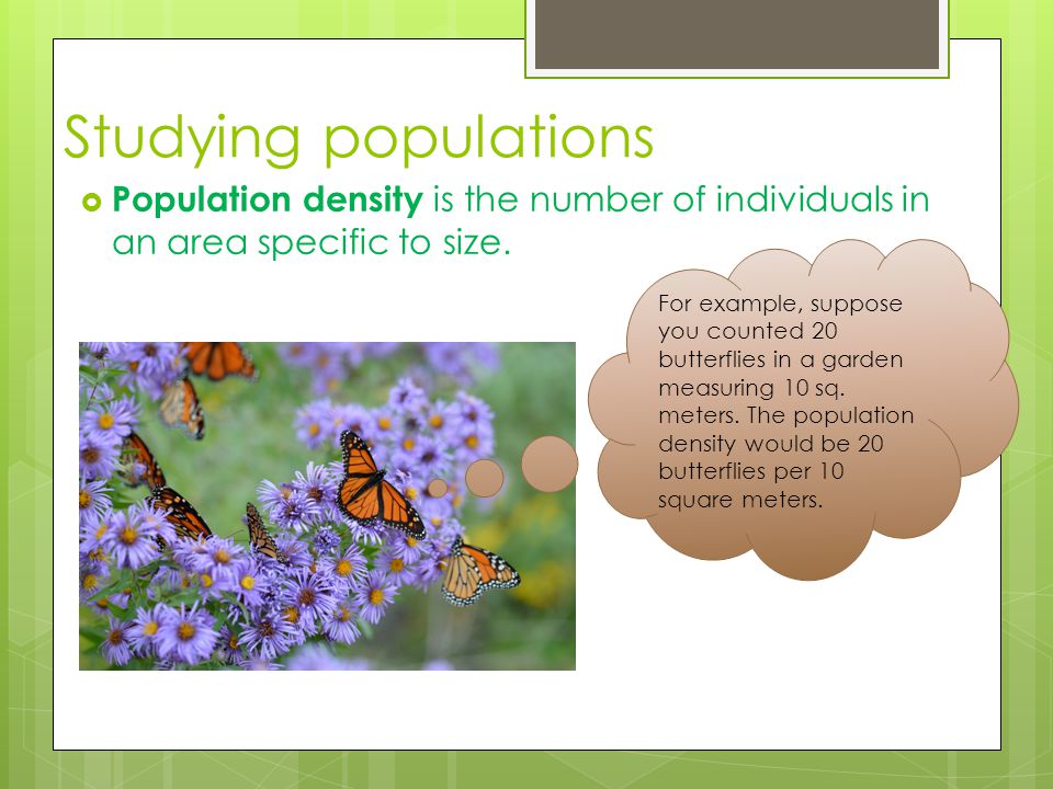 Studying populations Population density is the number of individuals in an area specific to size.