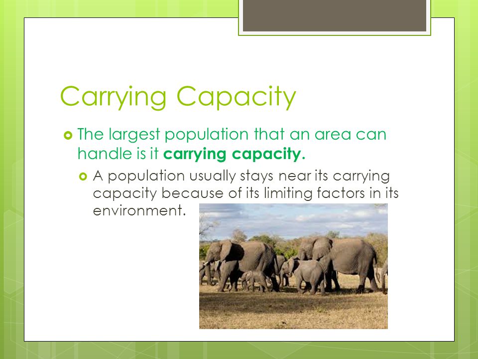 Carrying Capacity The largest population that an area can handle is it carrying capacity.