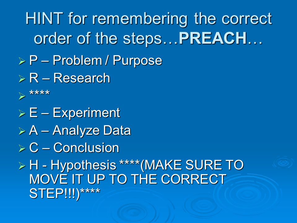 HINT for remembering the correct order of the steps…PREACH…