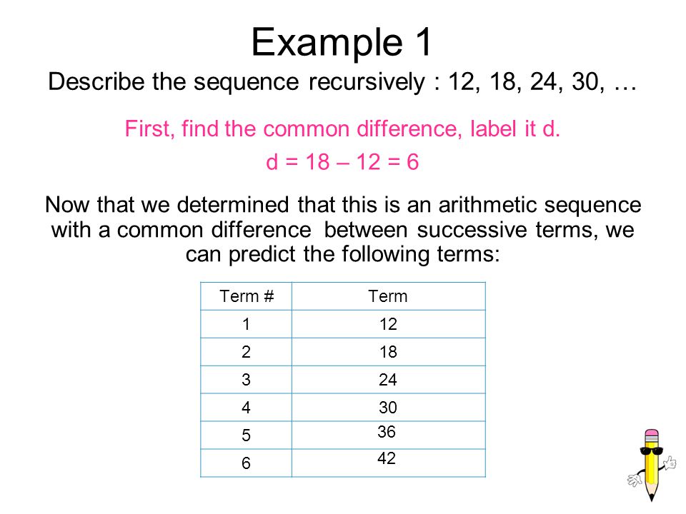 Example 1 Describe the sequence recursively : 12, 18, 24, 30, …