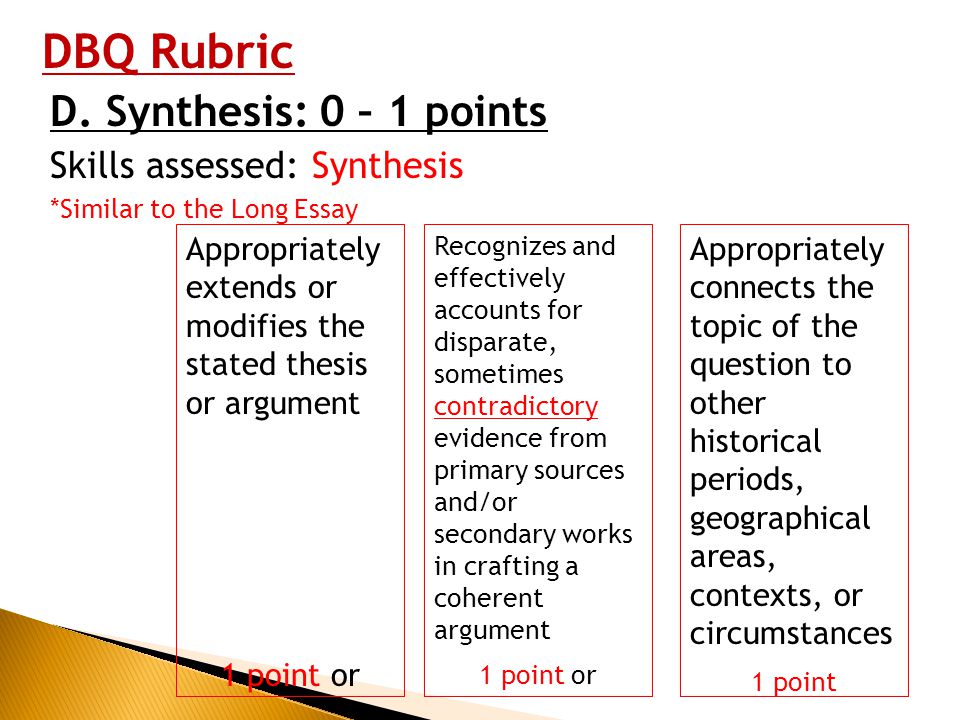 DBQ Rubric D. Synthesis: 0 – 1 points Skills assessed: Synthesis