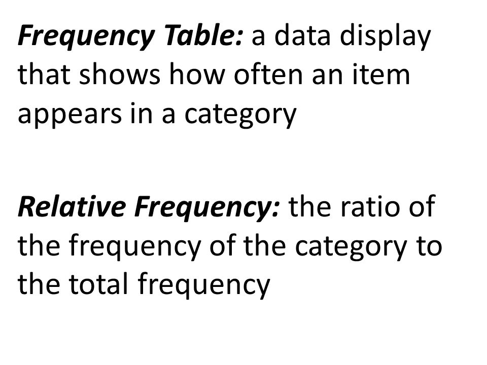 Frequency Table: a data display that shows how often an item appears in a category Relative Frequency: the ratio of the frequency of the category to the total frequency